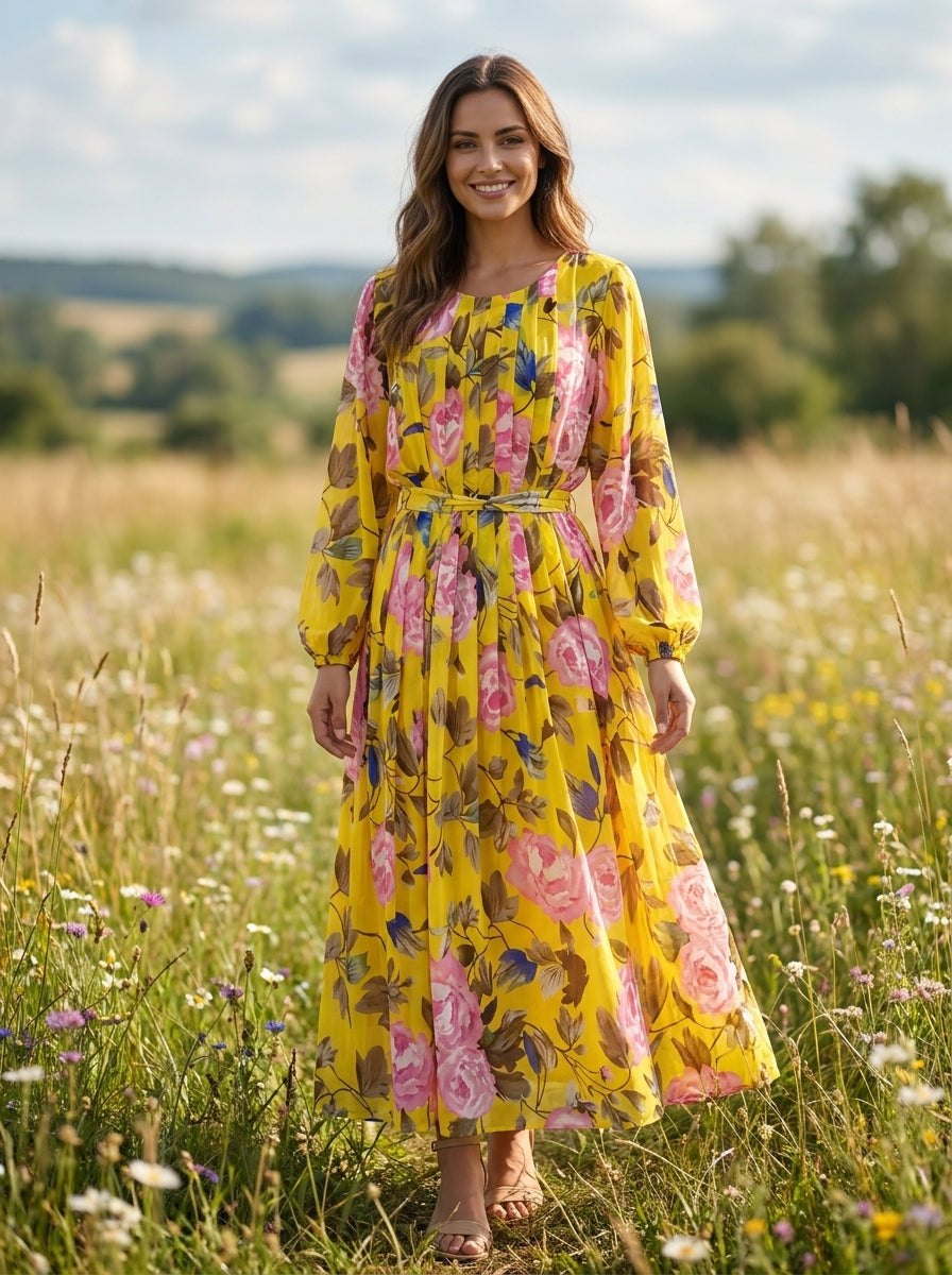 Golden Bloom Pleated Floral Maxi Dress with Tie Belt