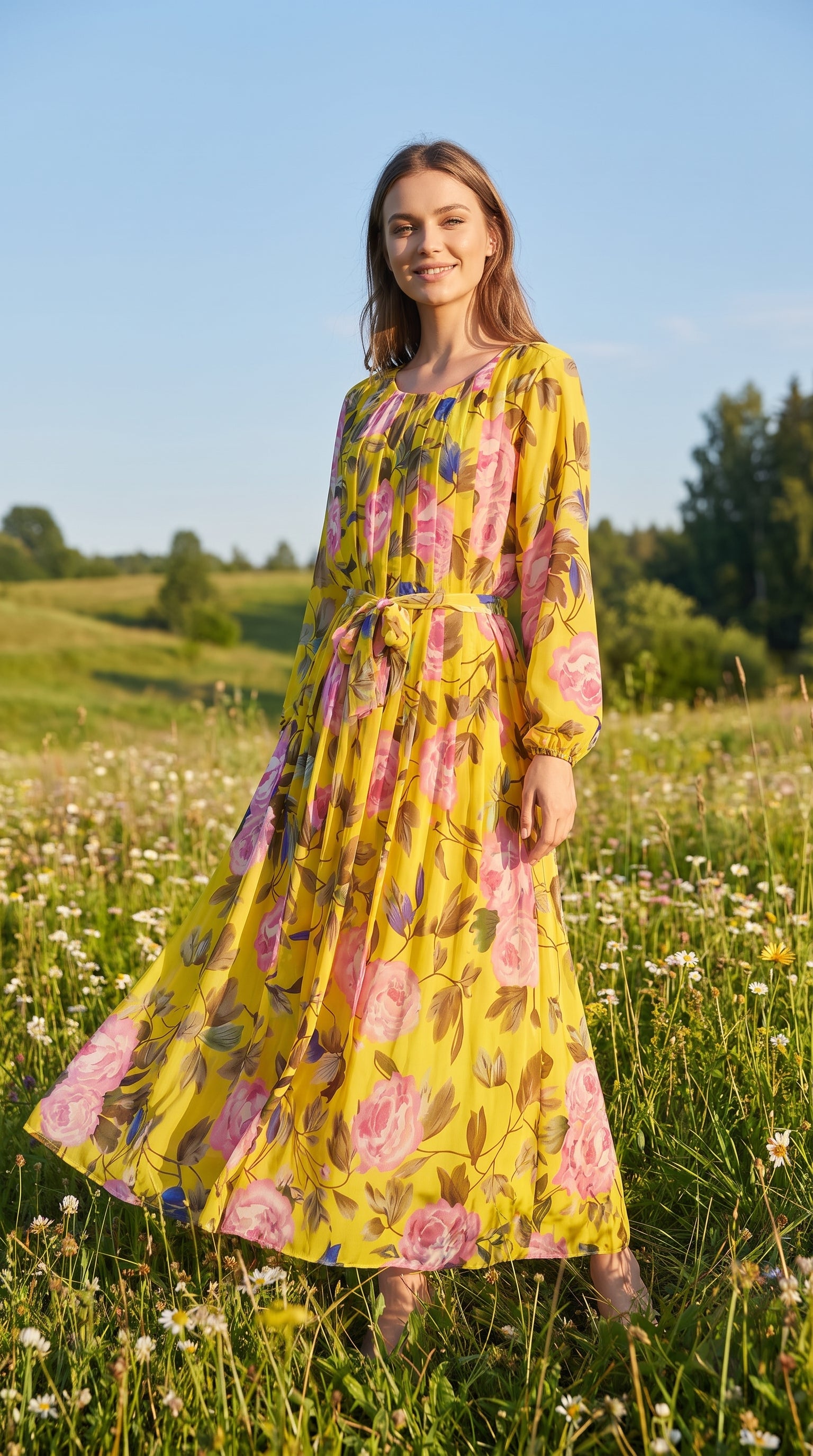Golden Bloom Pleated Floral Maxi Dress with Tie Belt