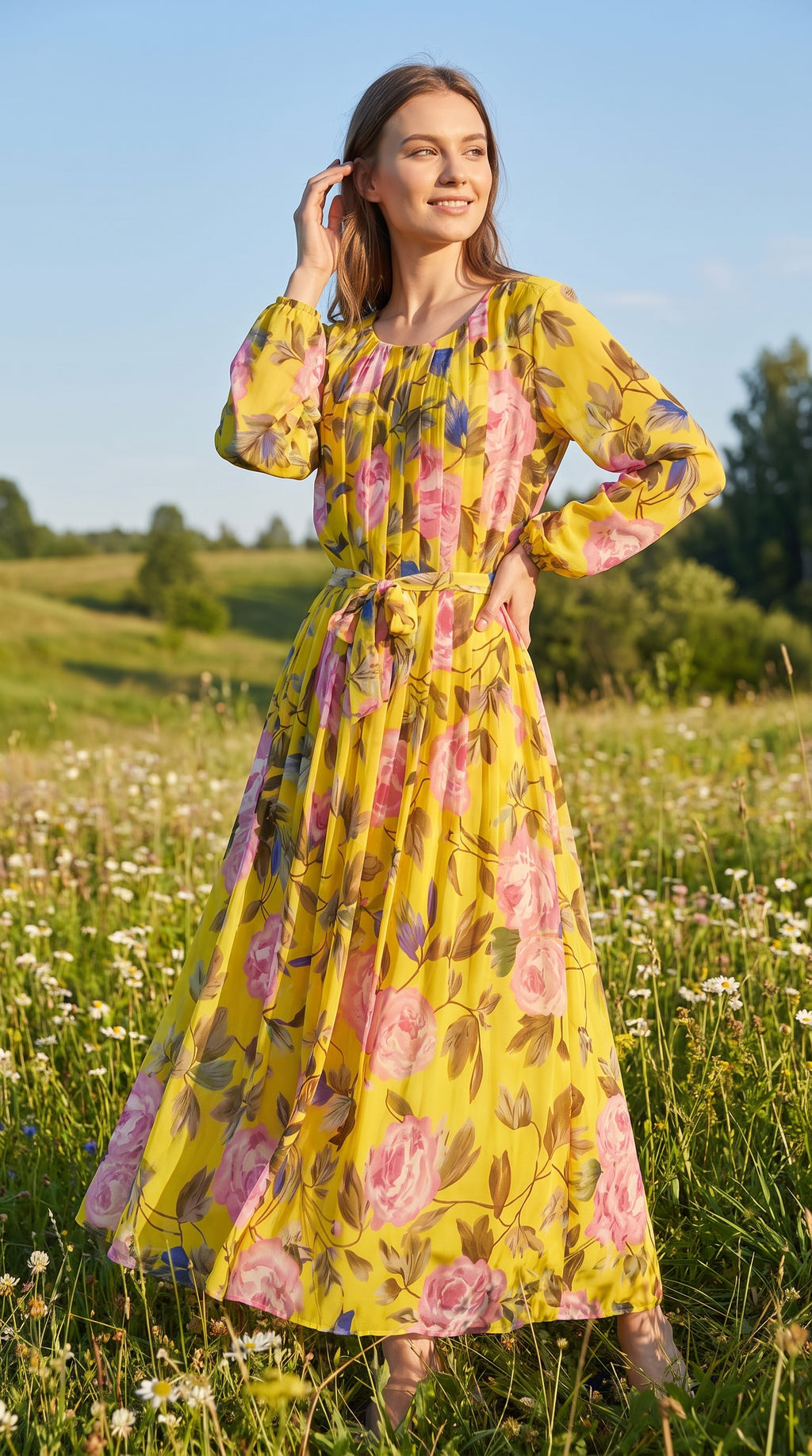 Golden Bloom Pleated Floral Maxi Dress with Tie Belt