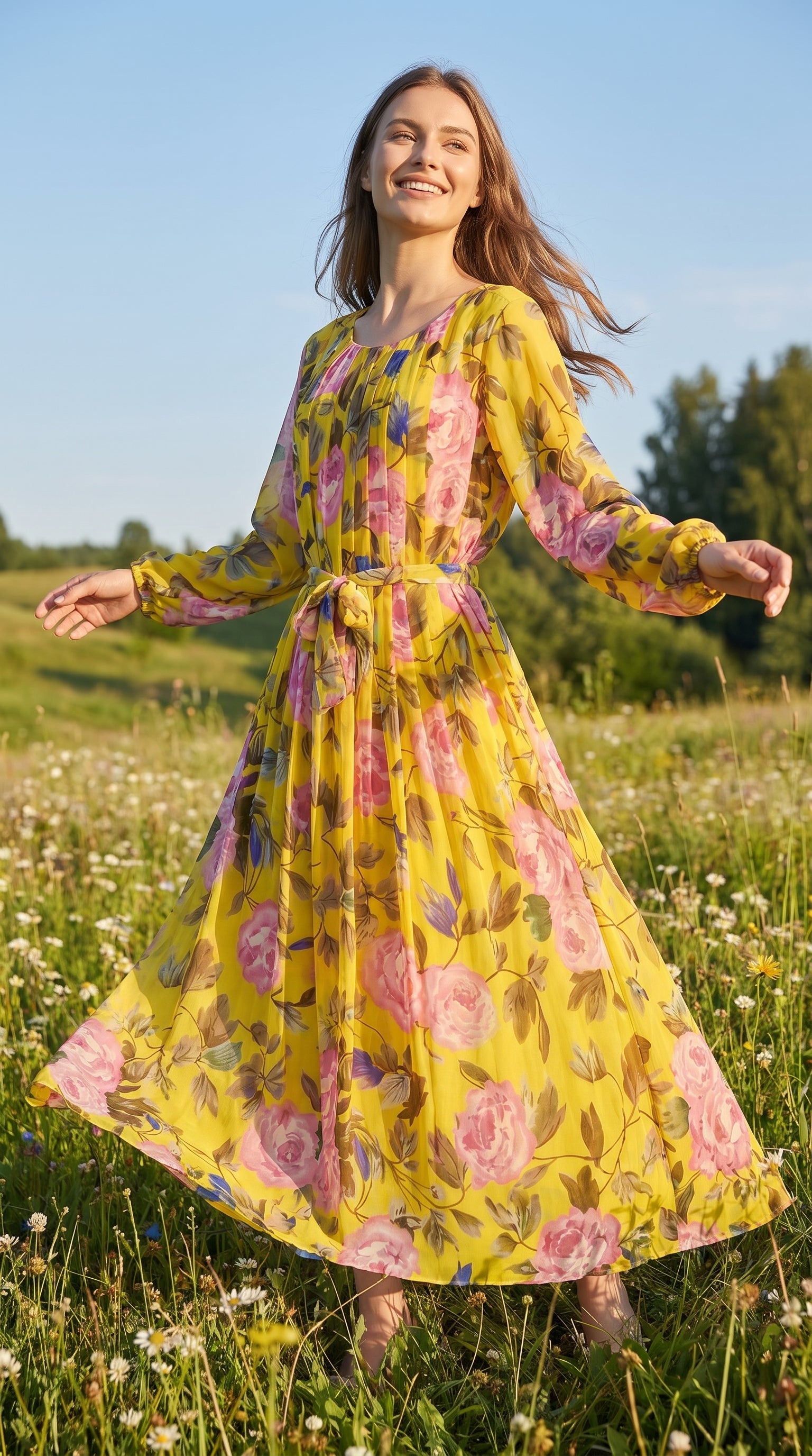 Golden Bloom Pleated Floral Maxi Dress with Tie Belt