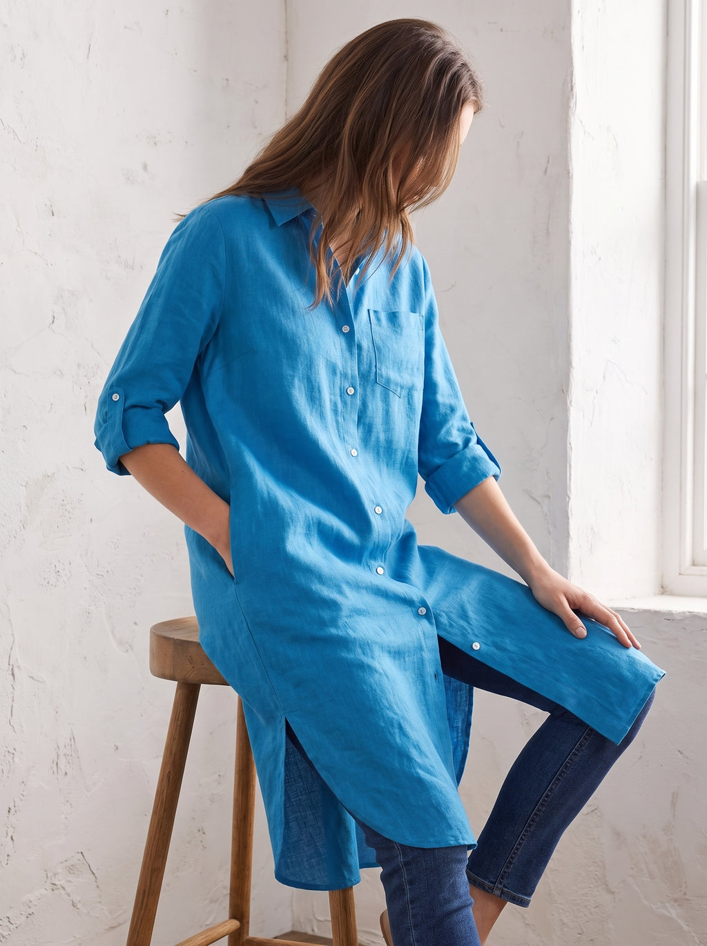 Azure Blue Longline Lawn Shirt Dress – Roll-Up Sleeves