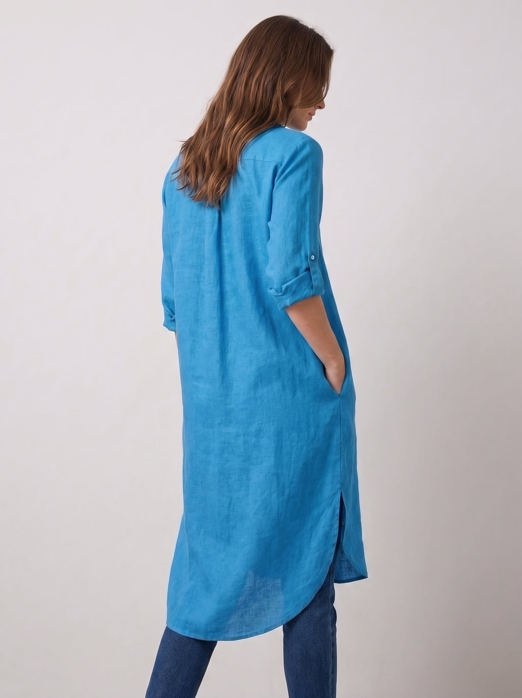 Azure Blue Longline Lawn Shirt Dress – Roll-Up Sleeves