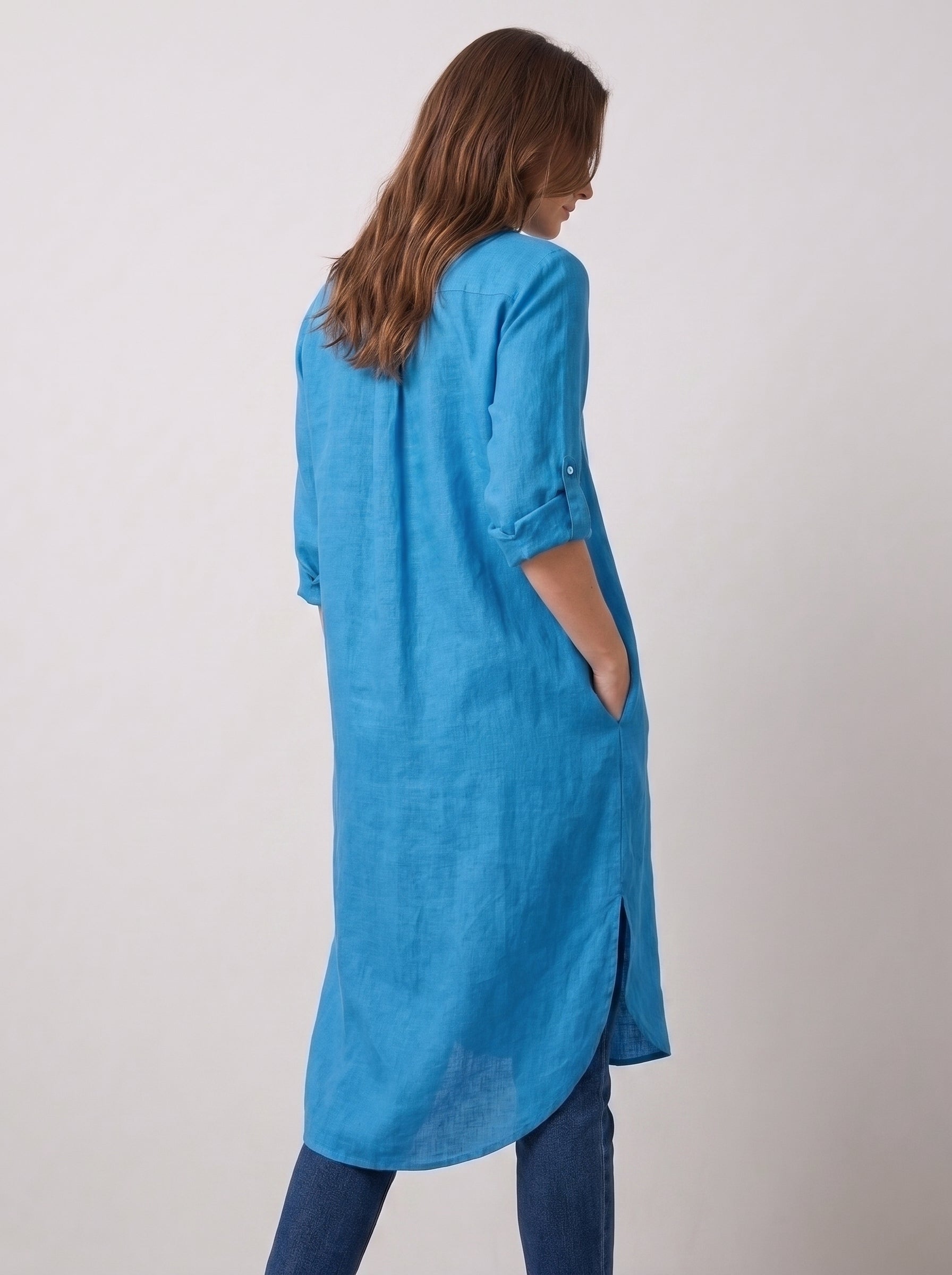 Azure Blue Longline Lawn Shirt Dress – Roll-Up Sleeves