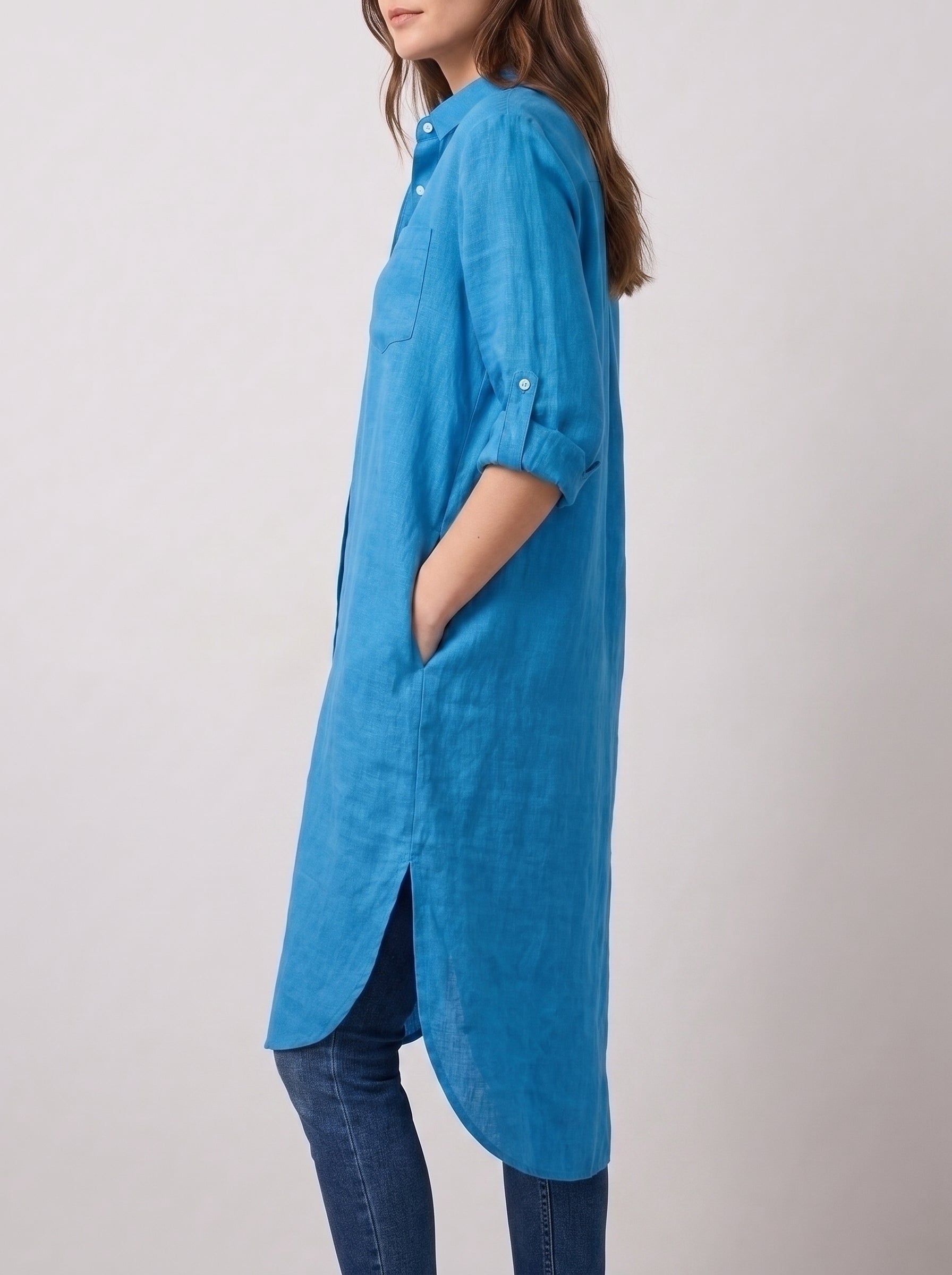 Azure Blue Longline Lawn Shirt Dress – Roll-Up Sleeves