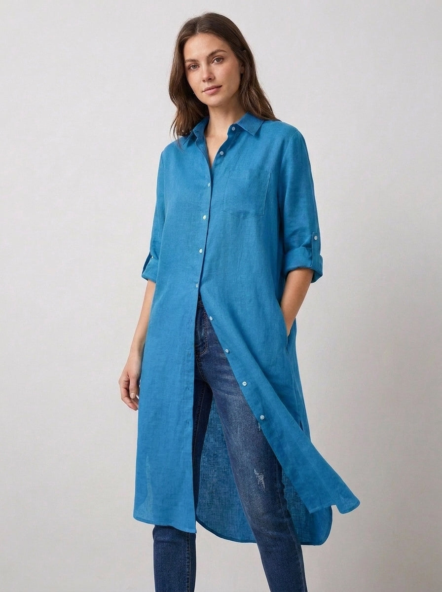 Azure Blue Longline Lawn Shirt Dress – Roll-Up Sleeves
