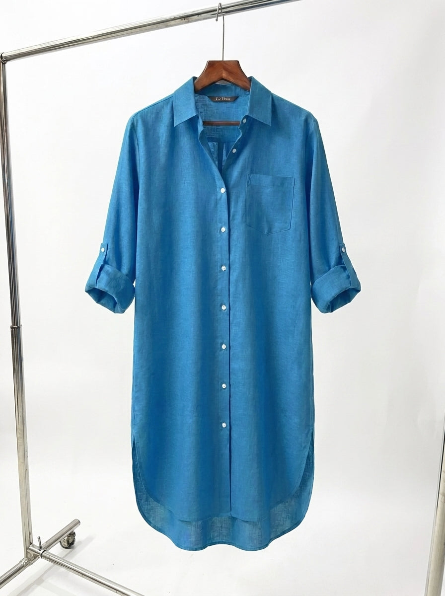Azure Blue Longline Lawn Shirt Dress – Roll-Up Sleeves