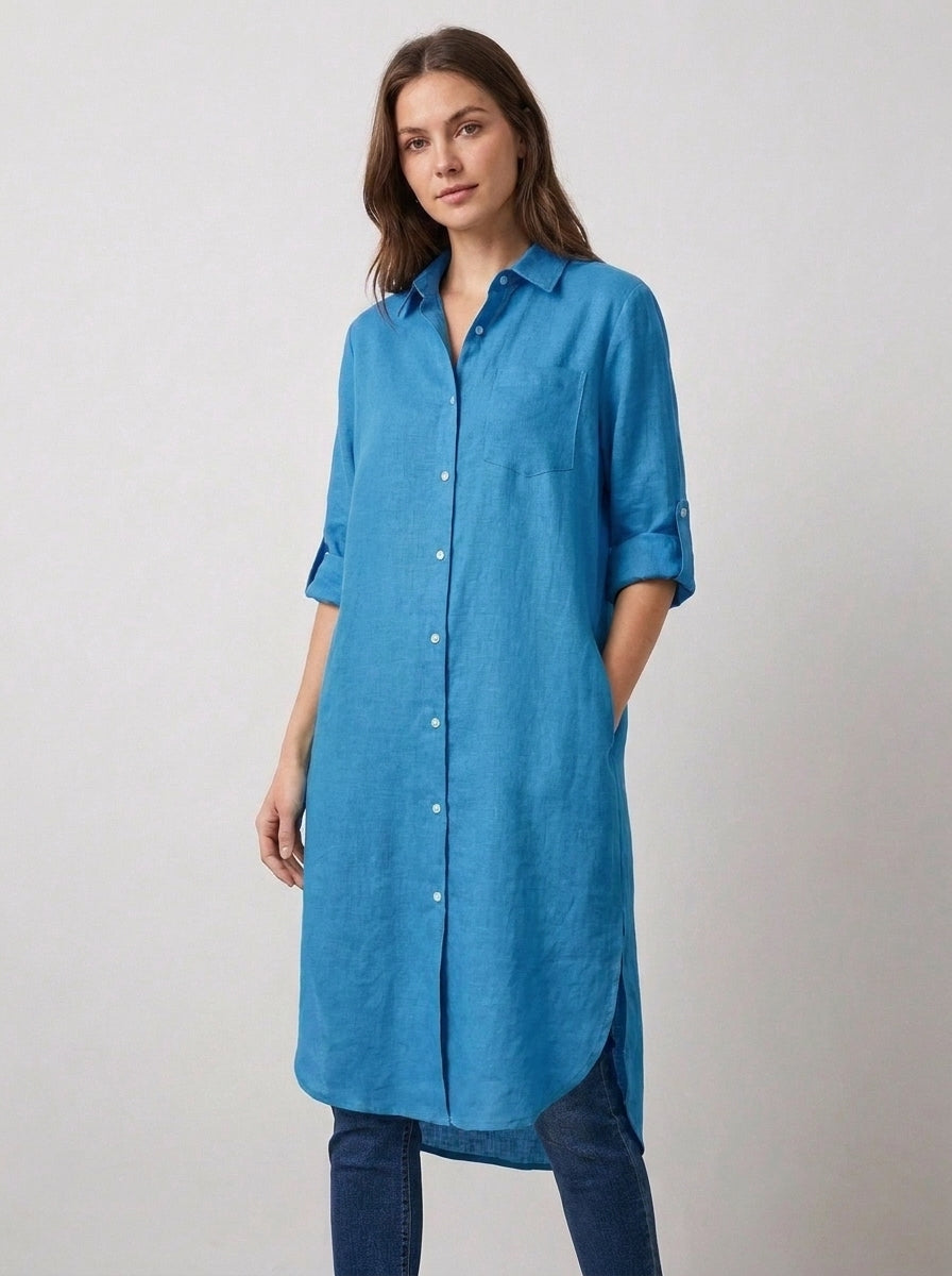 Azure Blue Longline Lawn Shirt Dress – Roll-Up Sleeves