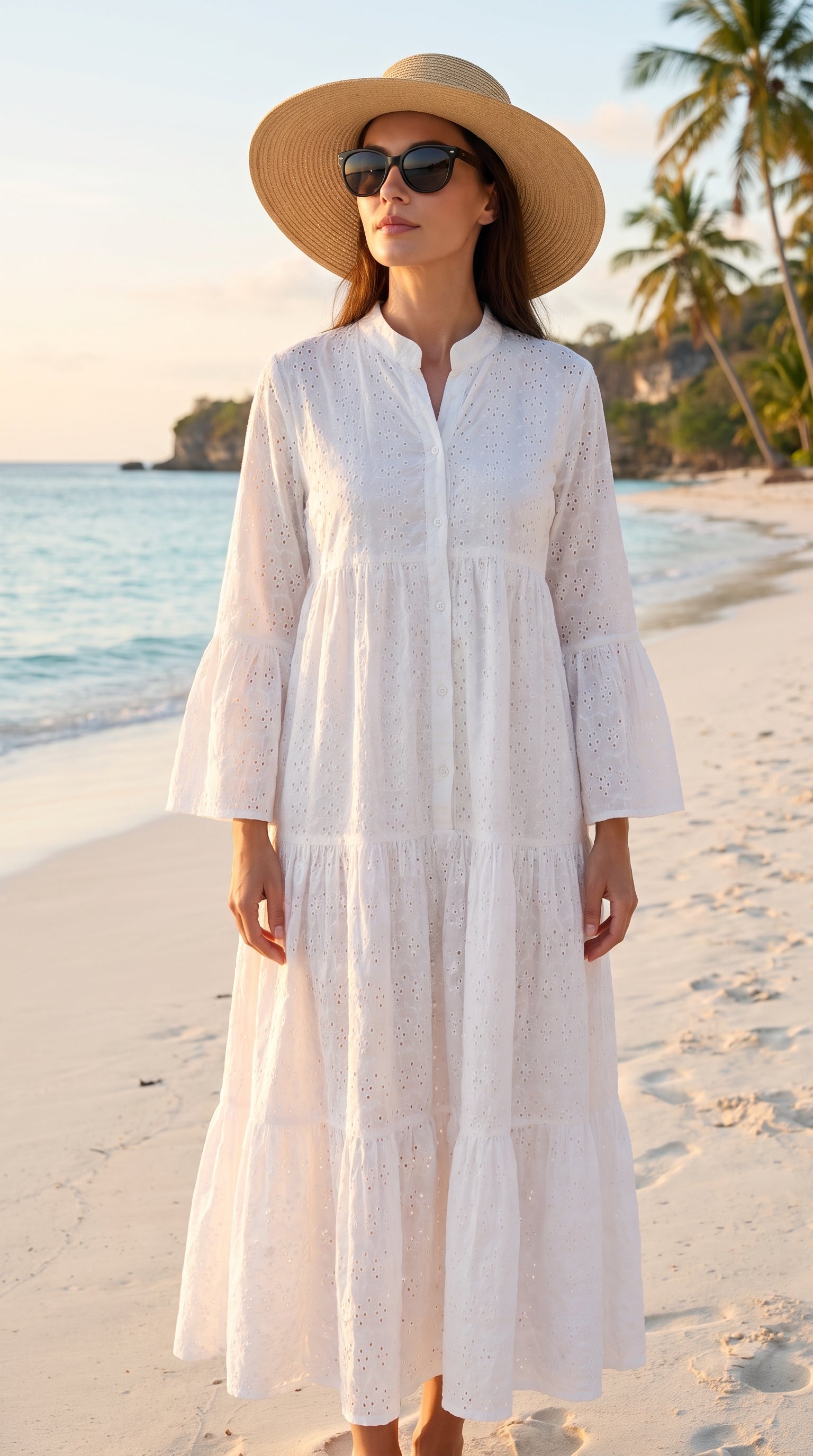 White Chikankari Embroidered Maxi Dress | Tiered Bell Sleeve Lawn Dress