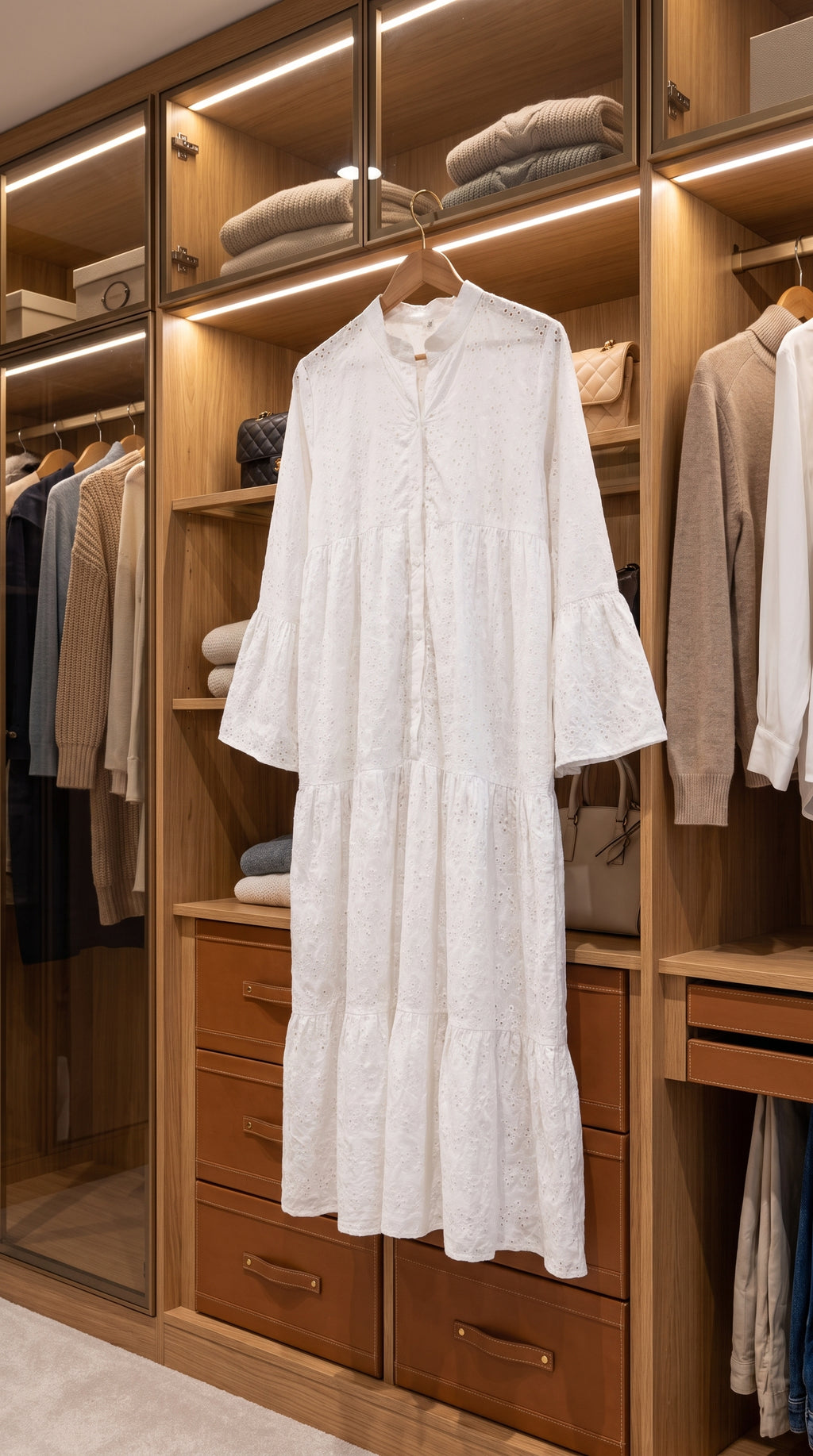 White Chikankari Embroidered Maxi Dress | Tiered Bell Sleeve Lawn Dress
