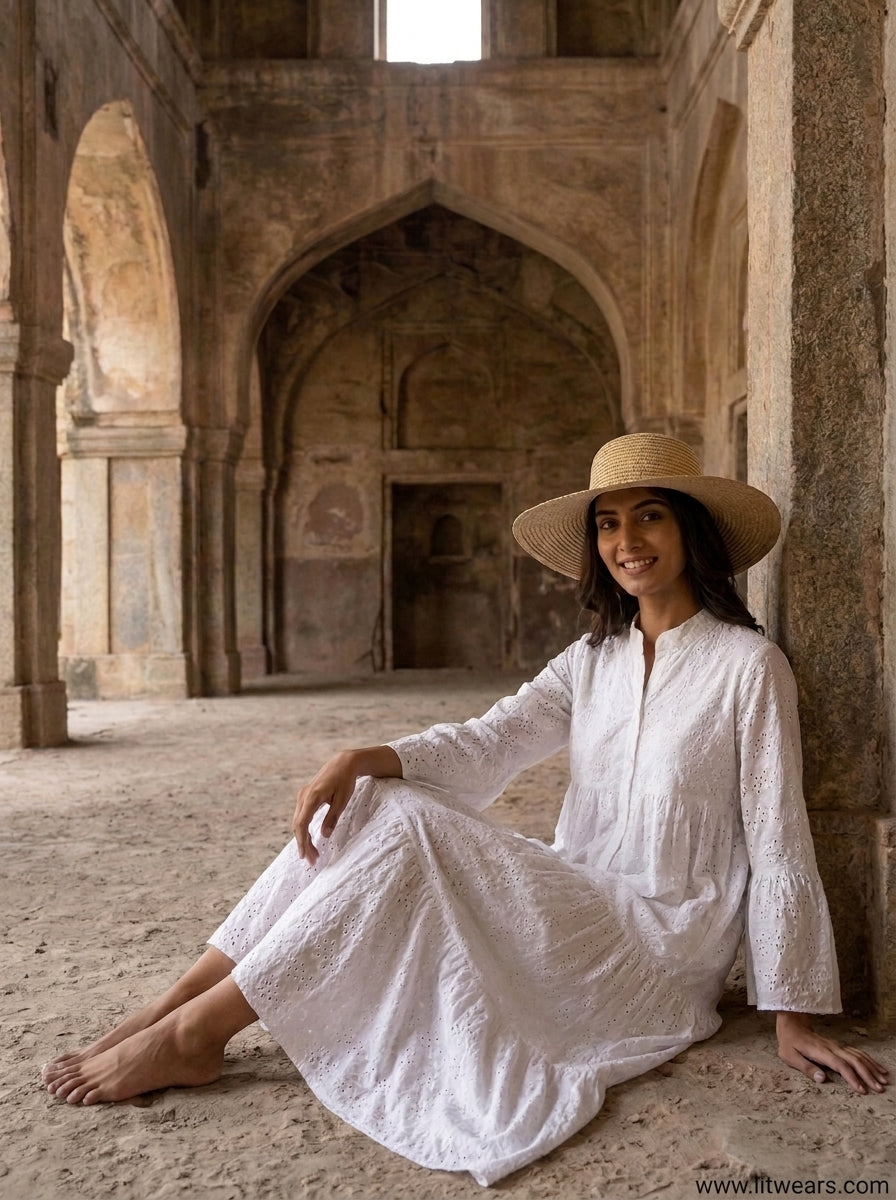 White Chikankari Embroidered Maxi Dress | Tiered Bell Sleeve Lawn Dress