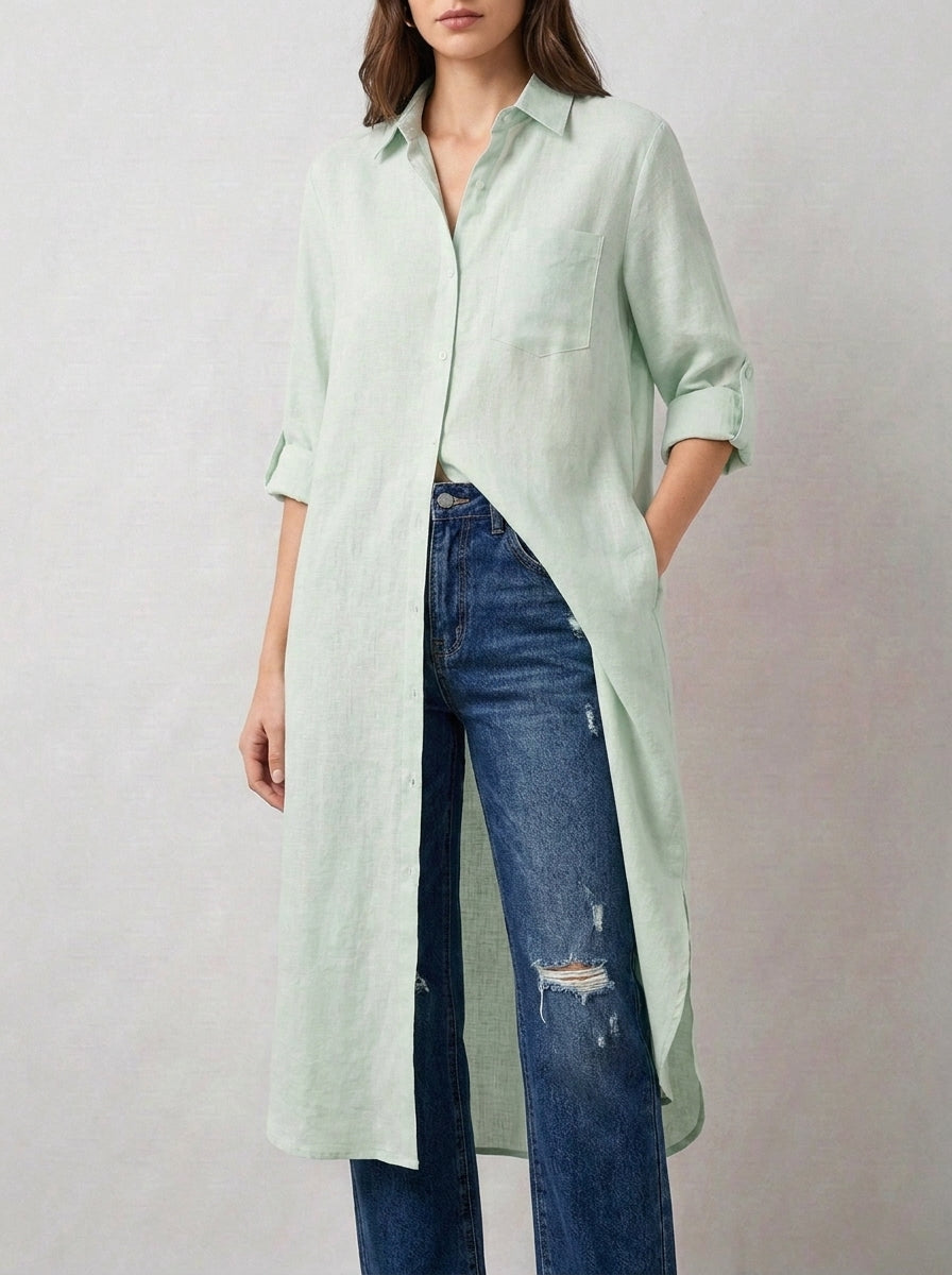 Sage Green Longline Lawn Shirt Dress – Roll-Up Sleeves