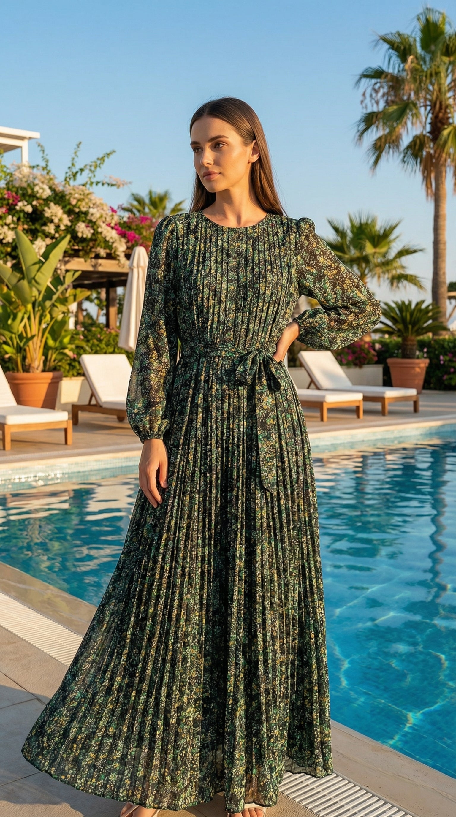 Emerald Green Floral Long Sleeve Fully Pleated Maxi Dress – Elegant A-Line Belted Timeless Occasion Dress