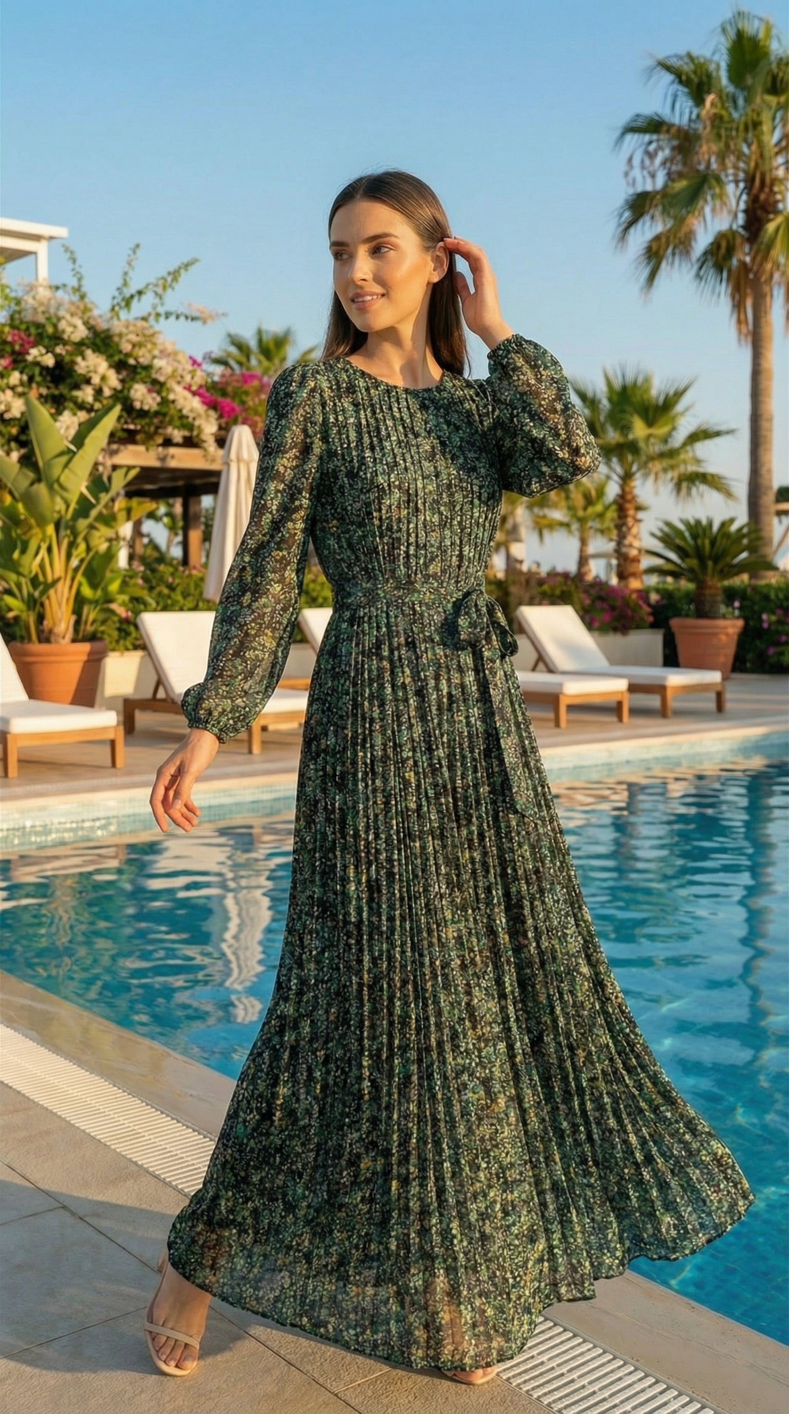 Emerald Green Floral Long Sleeve Fully Pleated Maxi Dress – Elegant A-Line Belted Timeless Occasion Dress