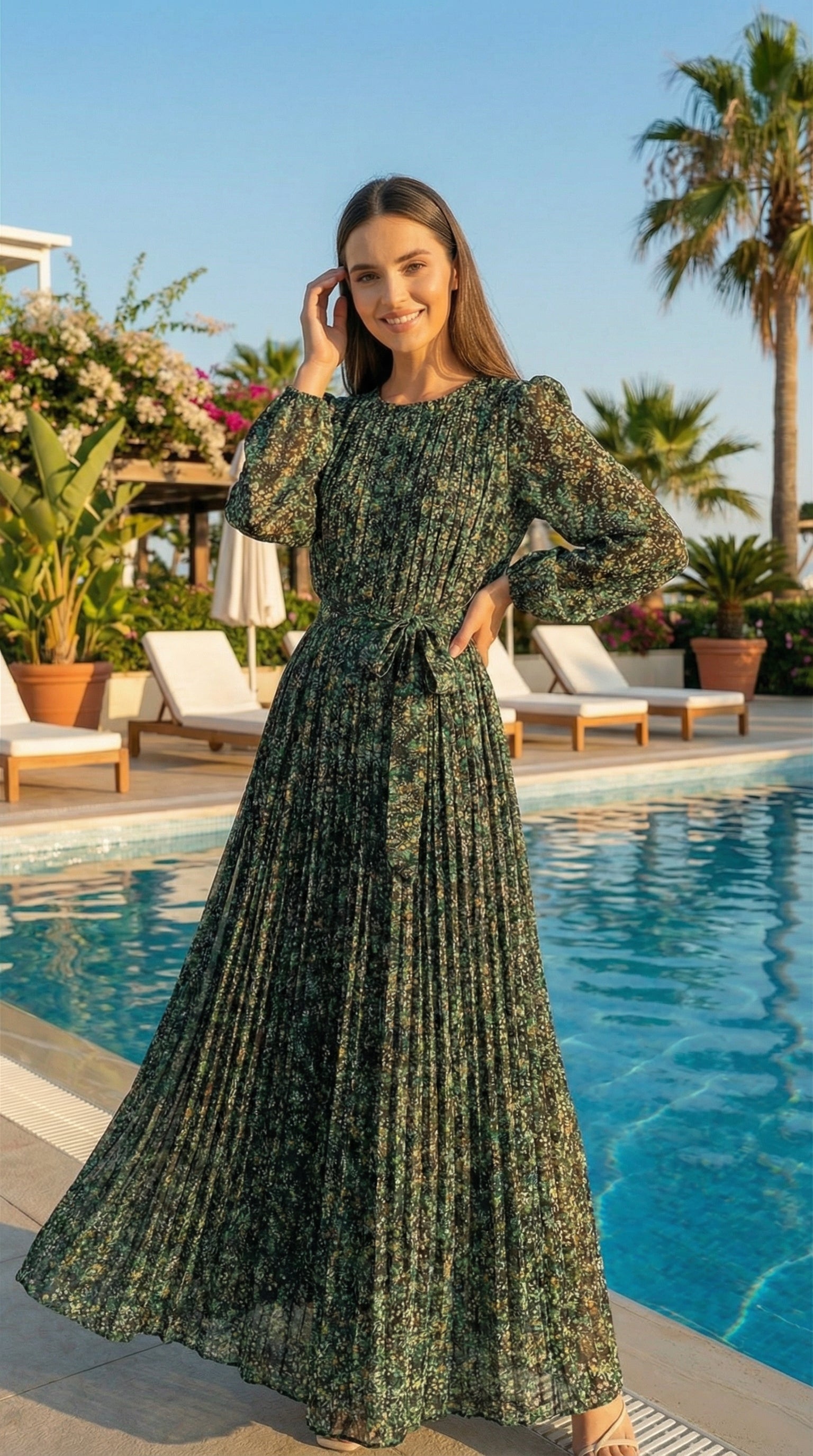Emerald Green Floral Long Sleeve Fully Pleated Maxi Dress – Elegant A-Line Belted Timeless Occasion Dress