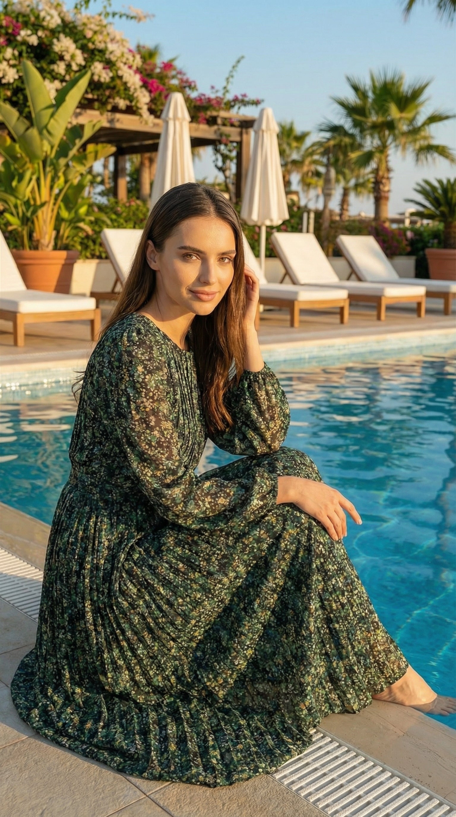 Emerald Green Floral Long Sleeve Fully Pleated Maxi Dress – Elegant A-Line Belted Timeless Occasion Dress