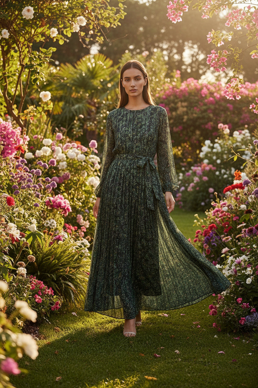 Emerald Green Floral Long Sleeve Fully Pleated Maxi Dress – Elegant A-Line Belted Timeless Occasion Dress