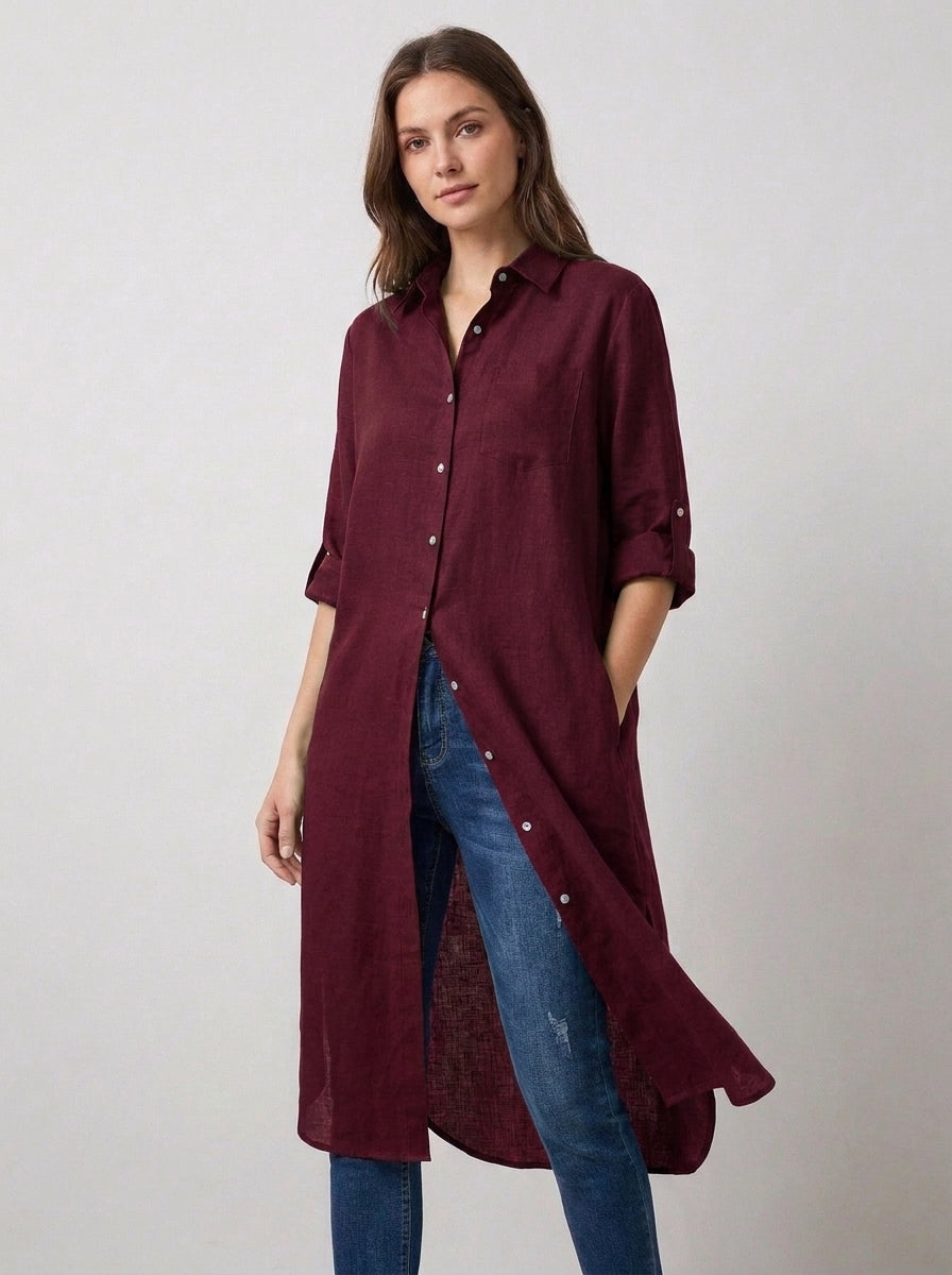 Maroon Longline Lawn Shirt Dress – Roll-Up Sleeves