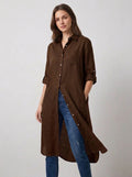 Chocolate Brown Longline Lawn Shirt Dress – Roll-Up Sleeves