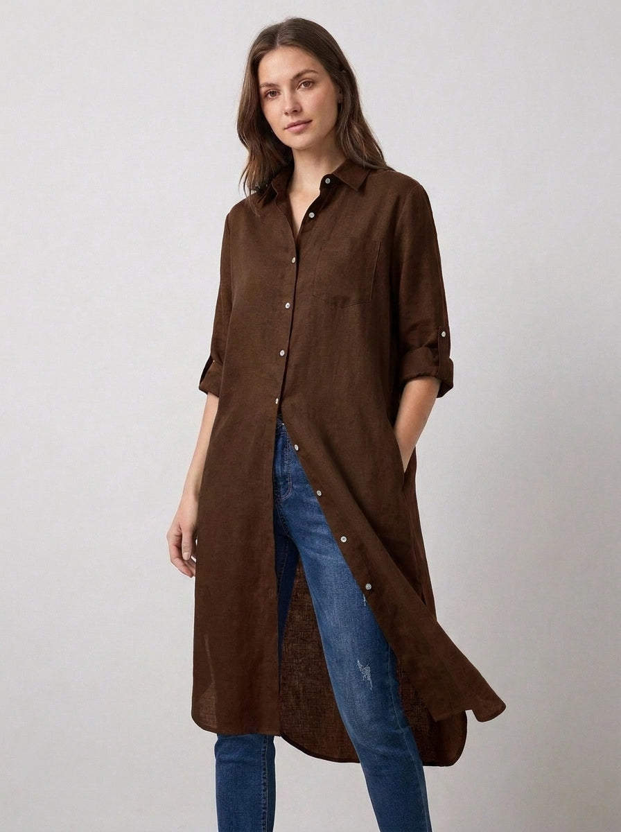 Chocolate Brown Longline Lawn Shirt Dress – Roll-Up Sleeves
