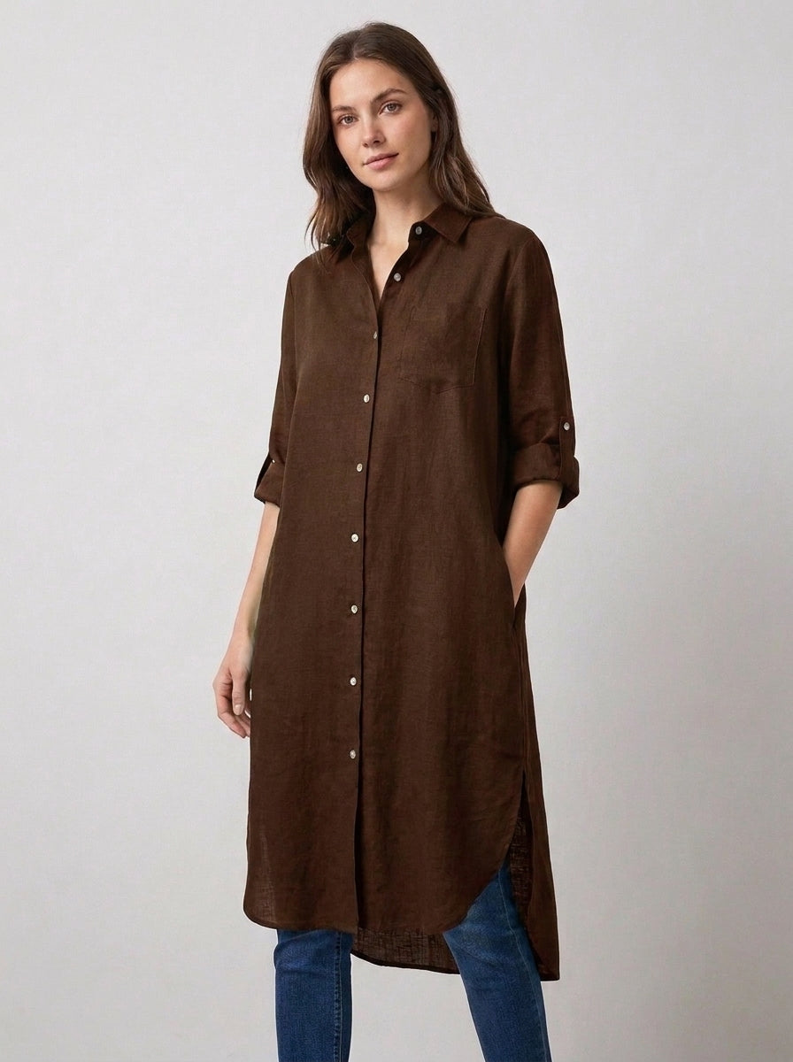Chocolate Brown Longline Lawn Shirt Dress – Roll-Up Sleeves