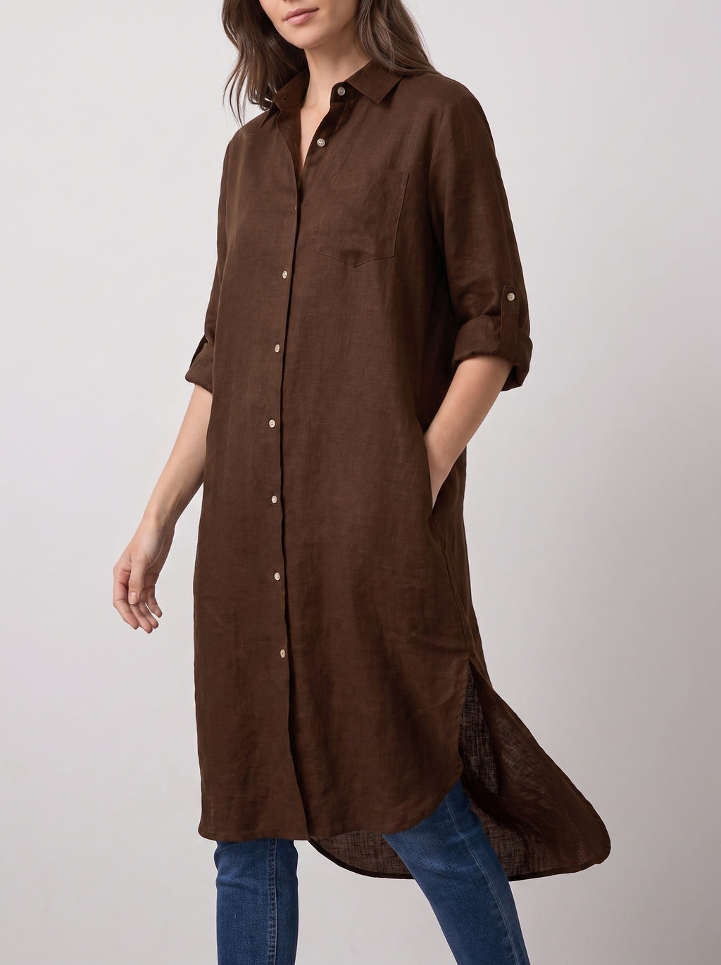 Chocolate Brown Longline Lawn Shirt Dress – Roll-Up Sleeves