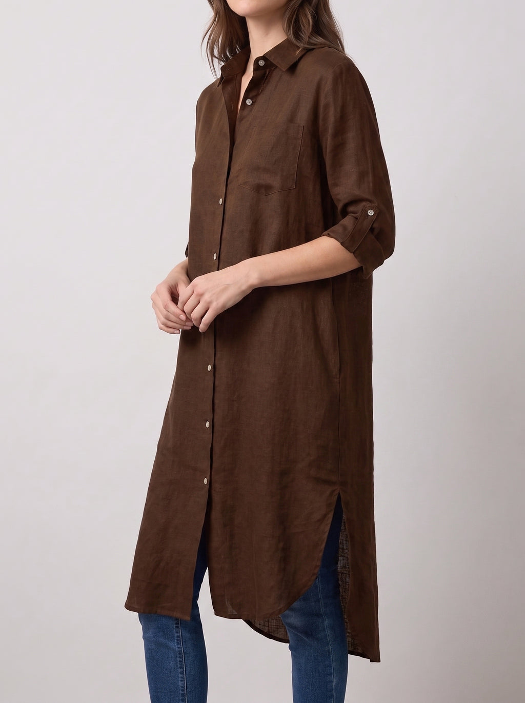 Chocolate Brown Longline Lawn Shirt Dress – Roll-Up Sleeves