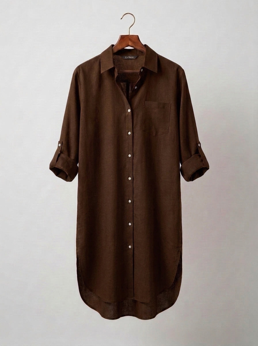 Chocolate Brown Longline Lawn Shirt Dress – Roll-Up Sleeves