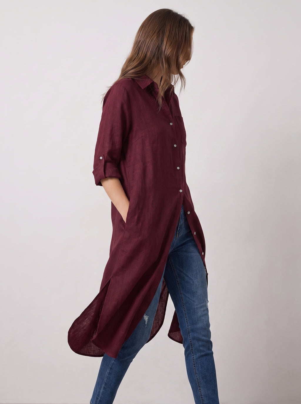 Maroon Longline Lawn Shirt Dress – Roll-Up Sleeves