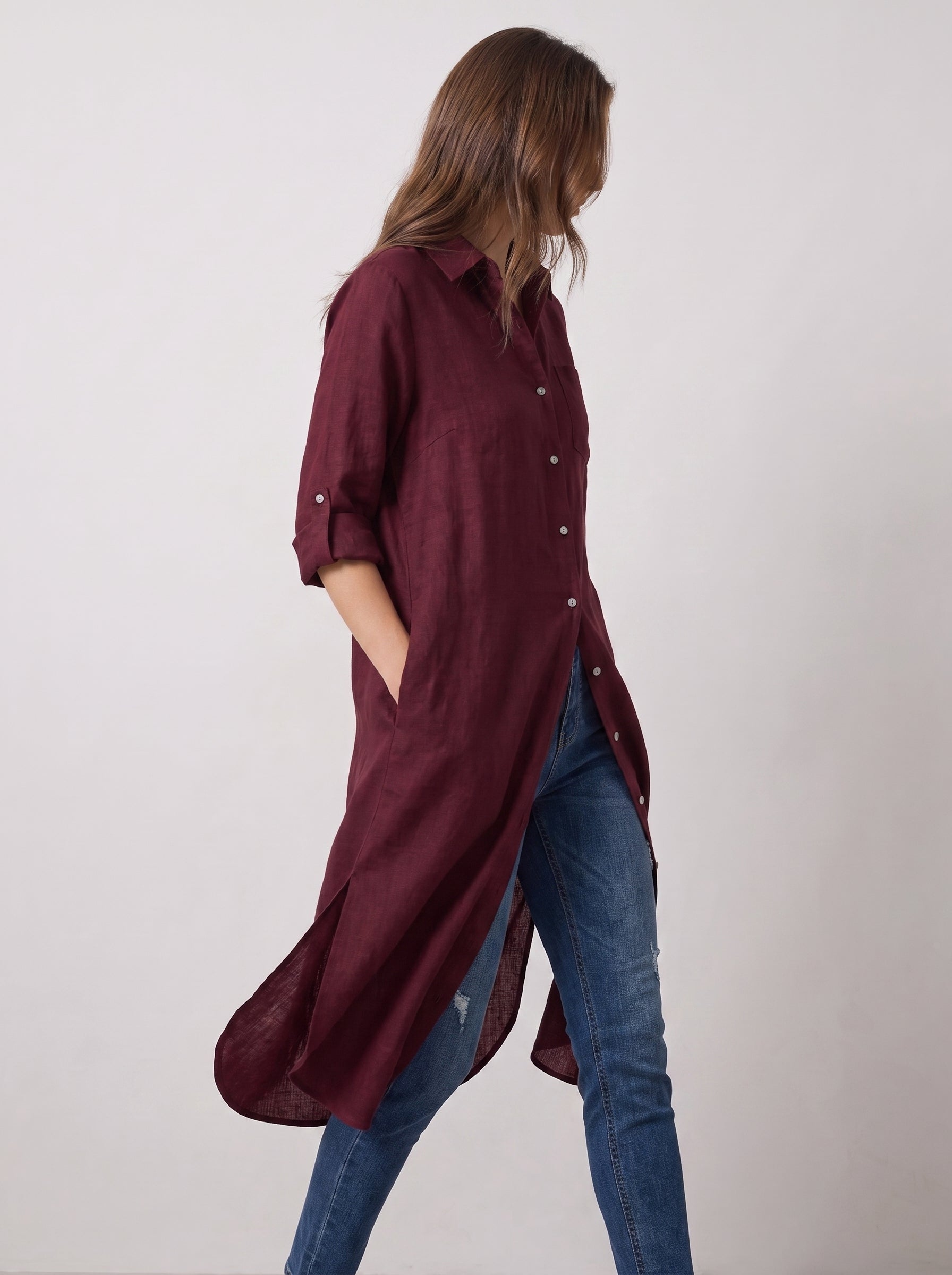 Maroon Longline Lawn Shirt Dress – Roll-Up Sleeves