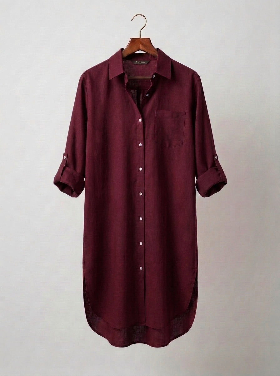 Maroon Longline Lawn Shirt Dress – Roll-Up Sleeves