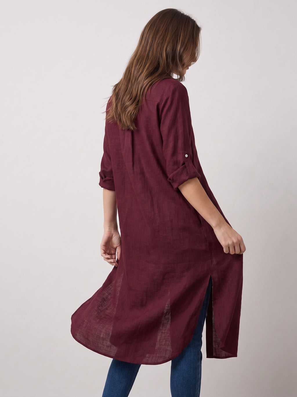 Maroon Longline Lawn Shirt Dress – Roll-Up Sleeves
