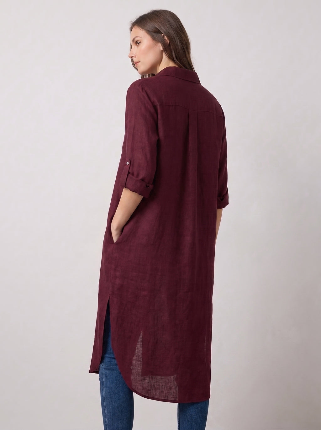Maroon Longline Lawn Shirt Dress – Roll-Up Sleeves