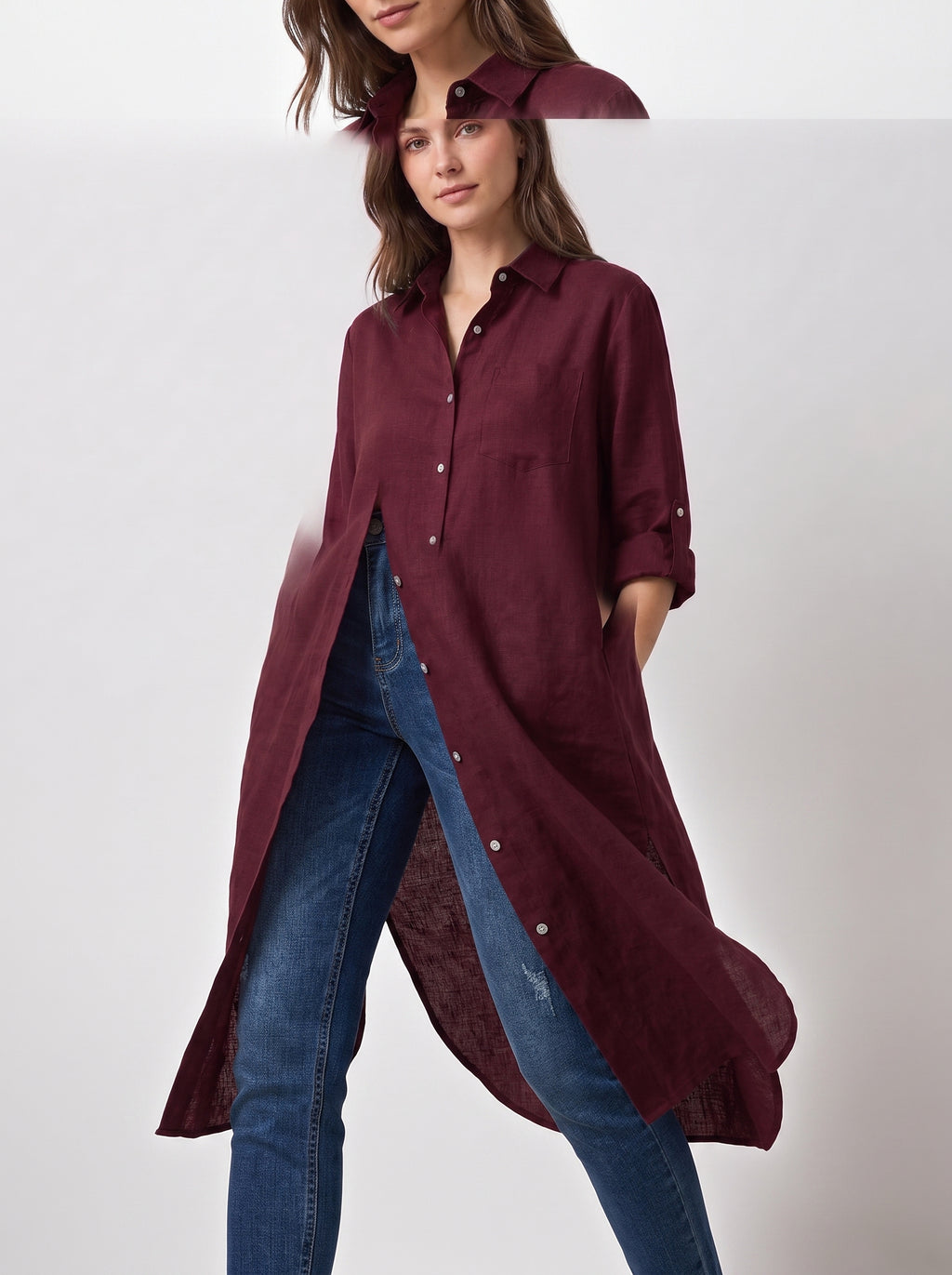 Maroon Longline Lawn Shirt Dress – Roll-Up Sleeves