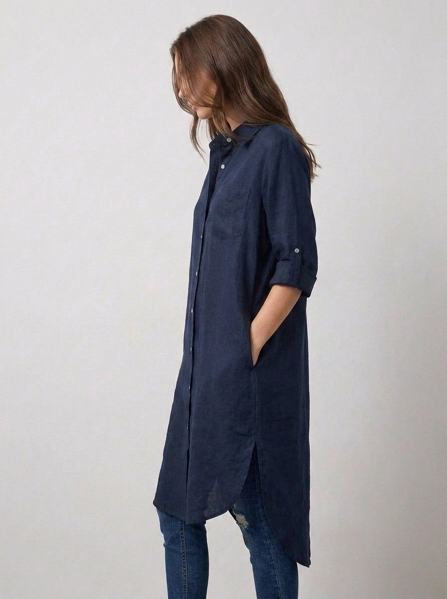 Blue Long Roll Up Sleeves Top