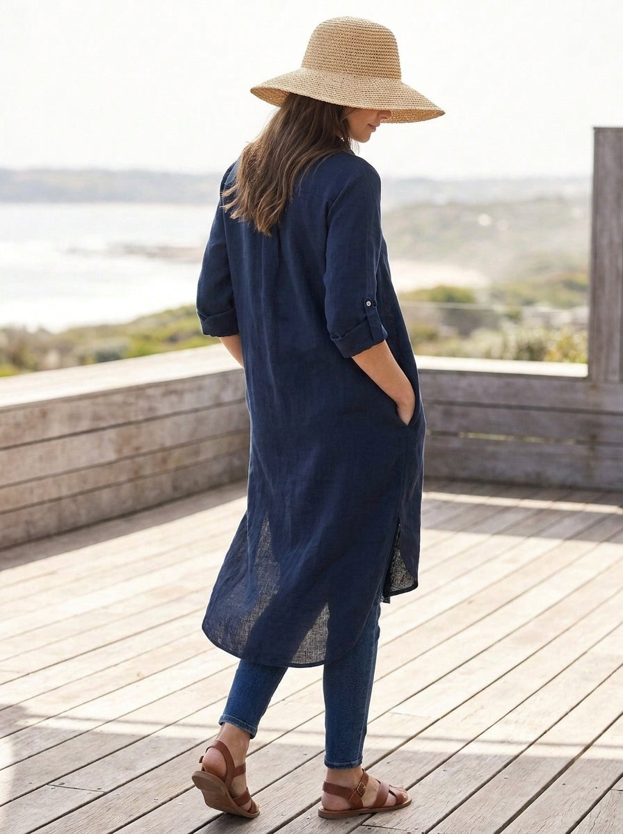 Blue Long Roll Up Sleeves Top