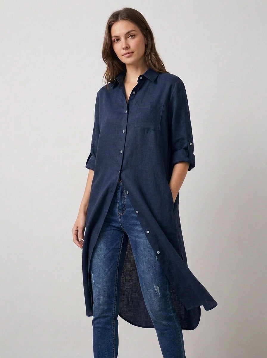 Blue Long Roll Up Sleeves Top