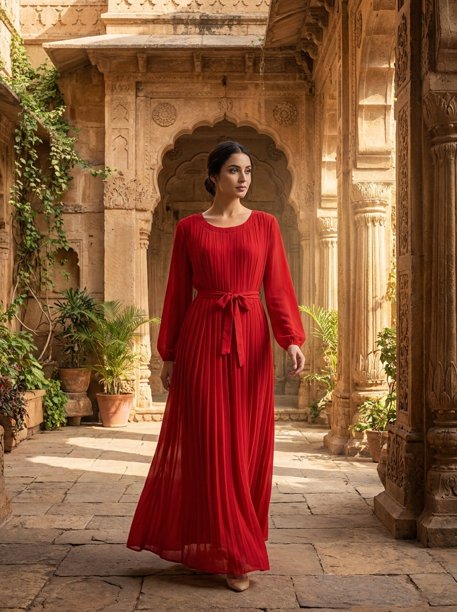 Red Fully Pleated Chiffon Maxi Dress – Belted Free Size