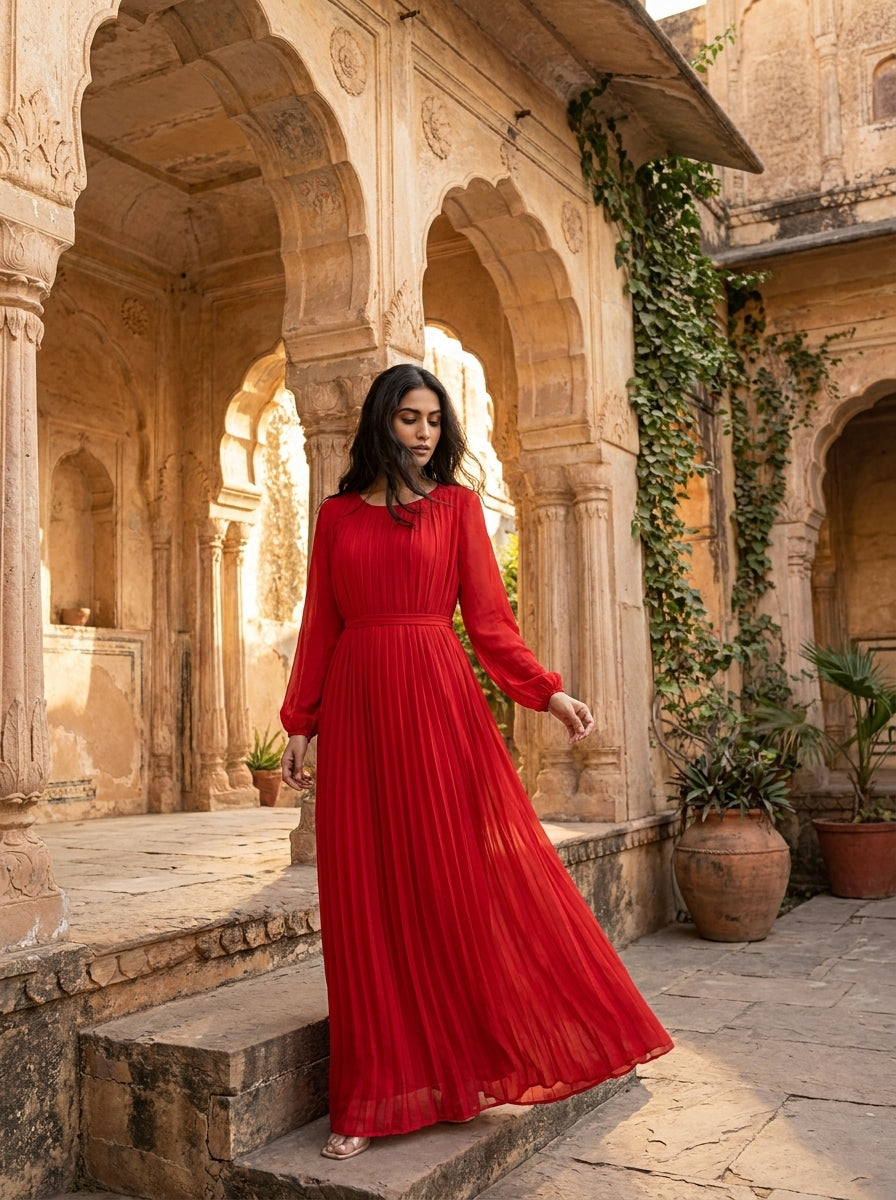 Red Fully Pleated Chiffon Maxi Dress – Belted Free Size