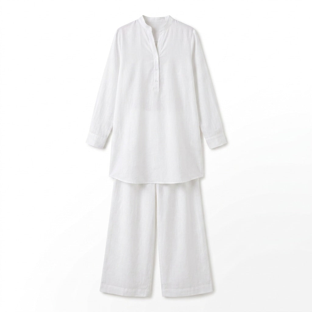 White Lawn Co-ord Set | Band Collar Loose Fit One Size
