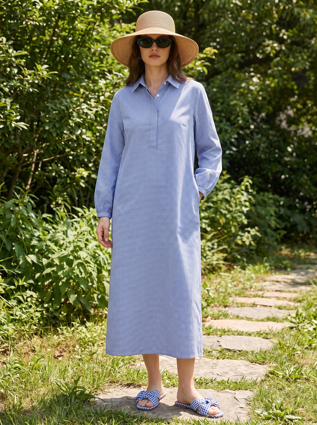Gingham Blue Cotton Shirt Dress – Long Sleeve Maxi