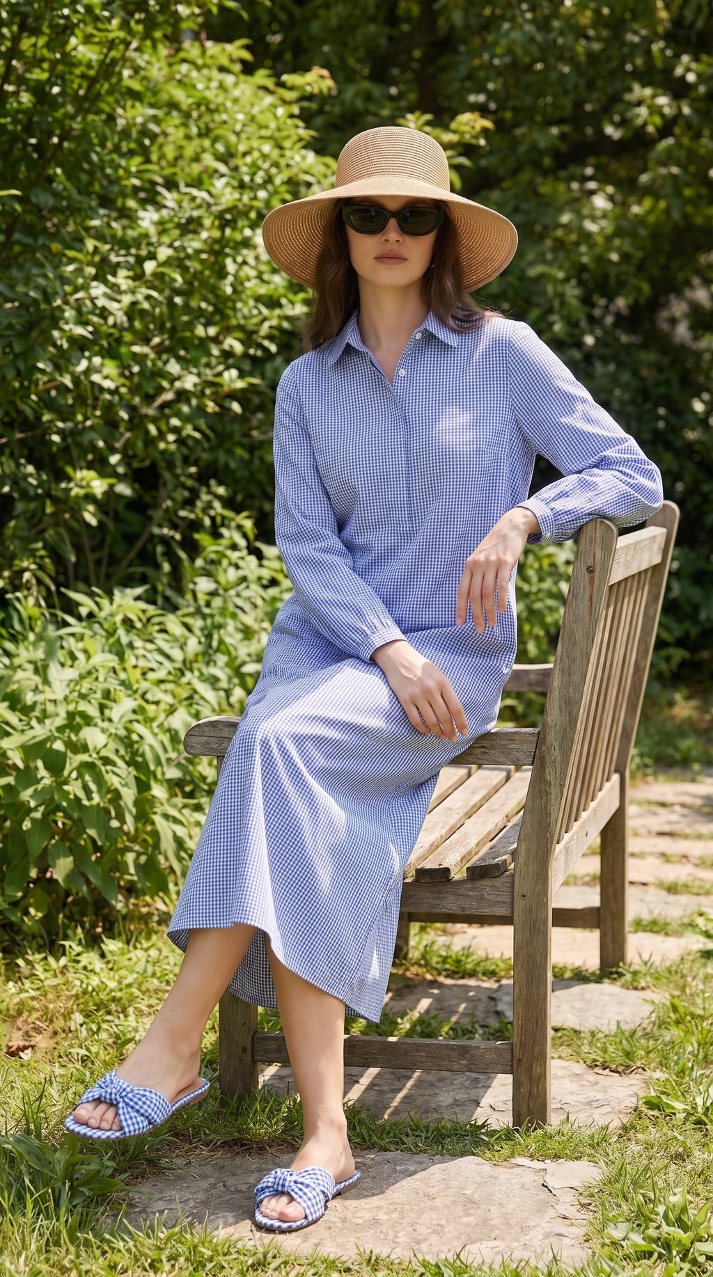 Gingham Blue Cotton Shirt Dress – Long Sleeve Maxi