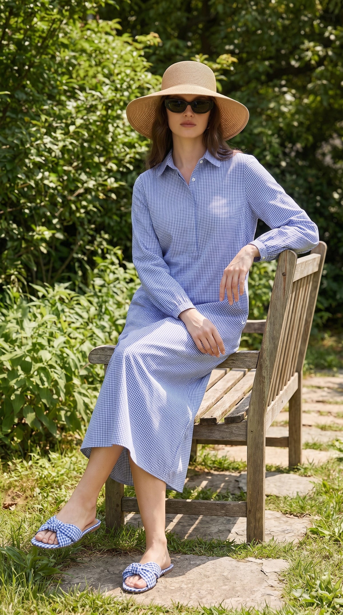 Gingham Blue Cotton Shirt Dress – Long Sleeve Maxi