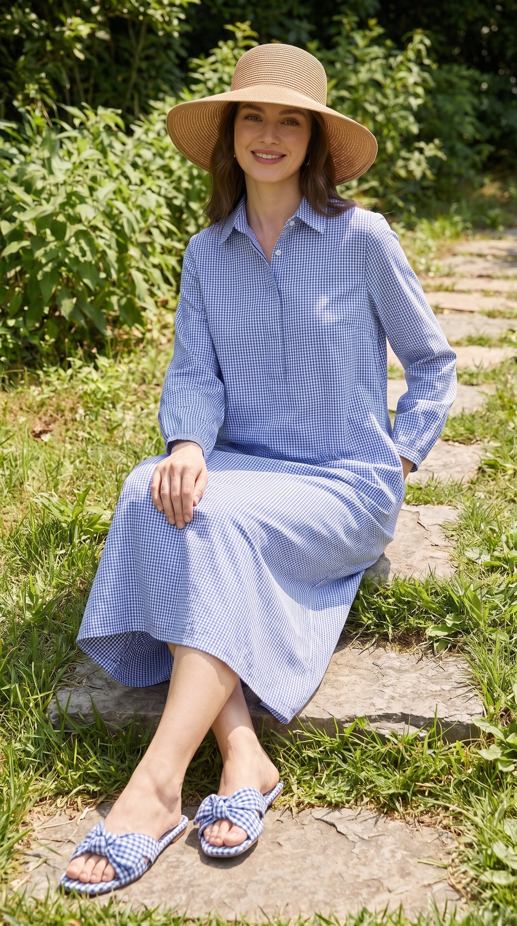 Gingham Blue Cotton Shirt Dress – Long Sleeve Maxi