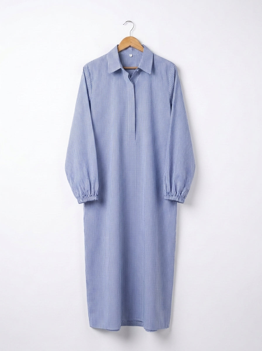 Gingham Blue Cotton Shirt Dress – Long Sleeve Maxi