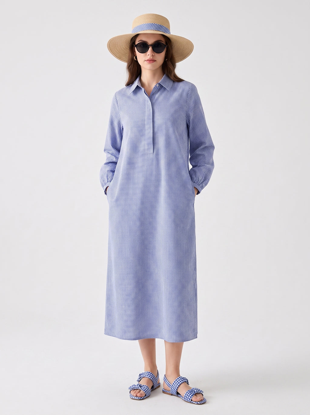 Gingham Blue Cotton Shirt Dress – Long Sleeve Maxi