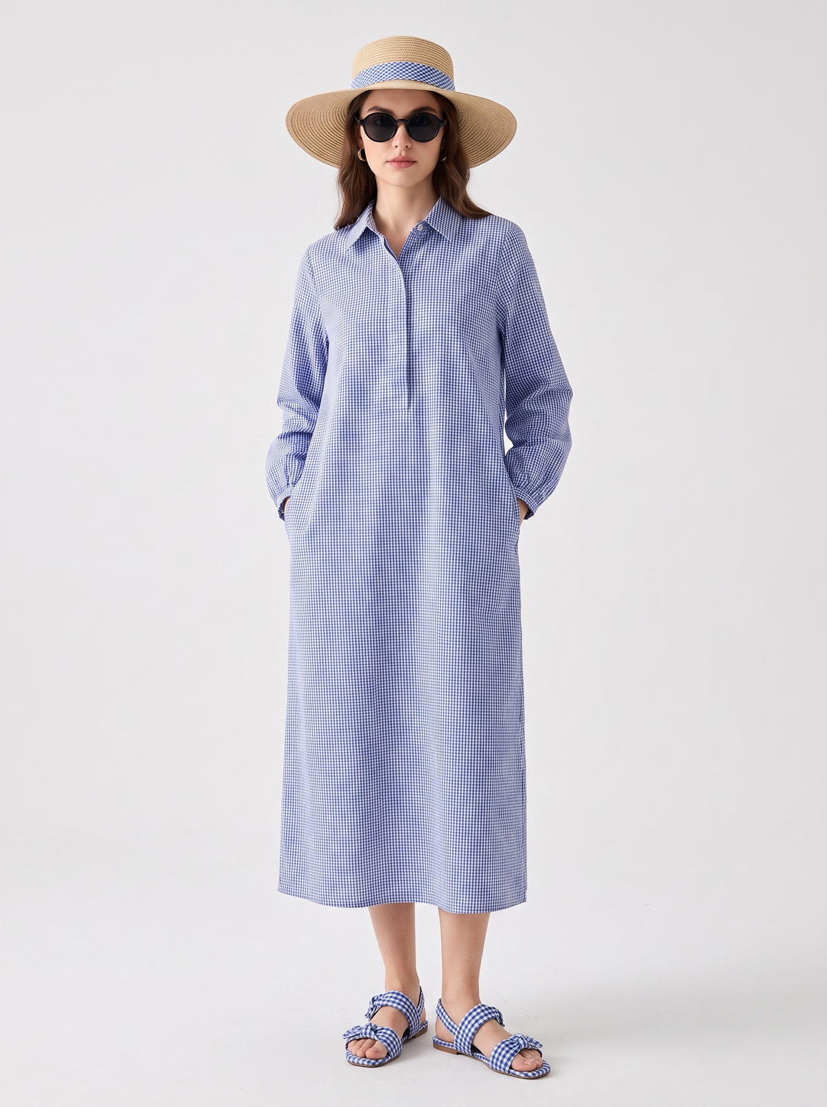 Gingham Blue Cotton Shirt Dress – Long Sleeve Maxi
