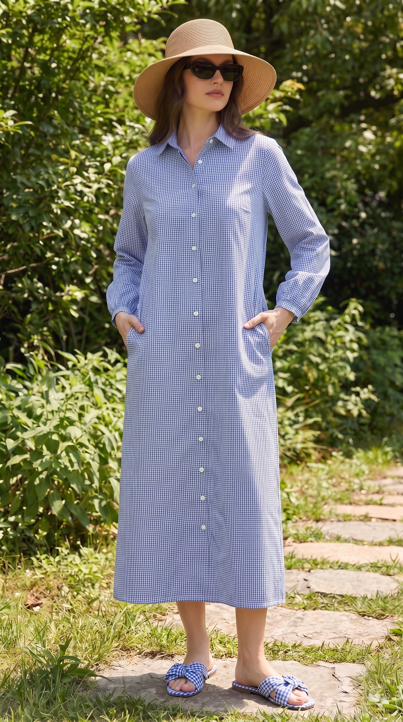 Gingham Check Cotton Button-Down Shirt Dress