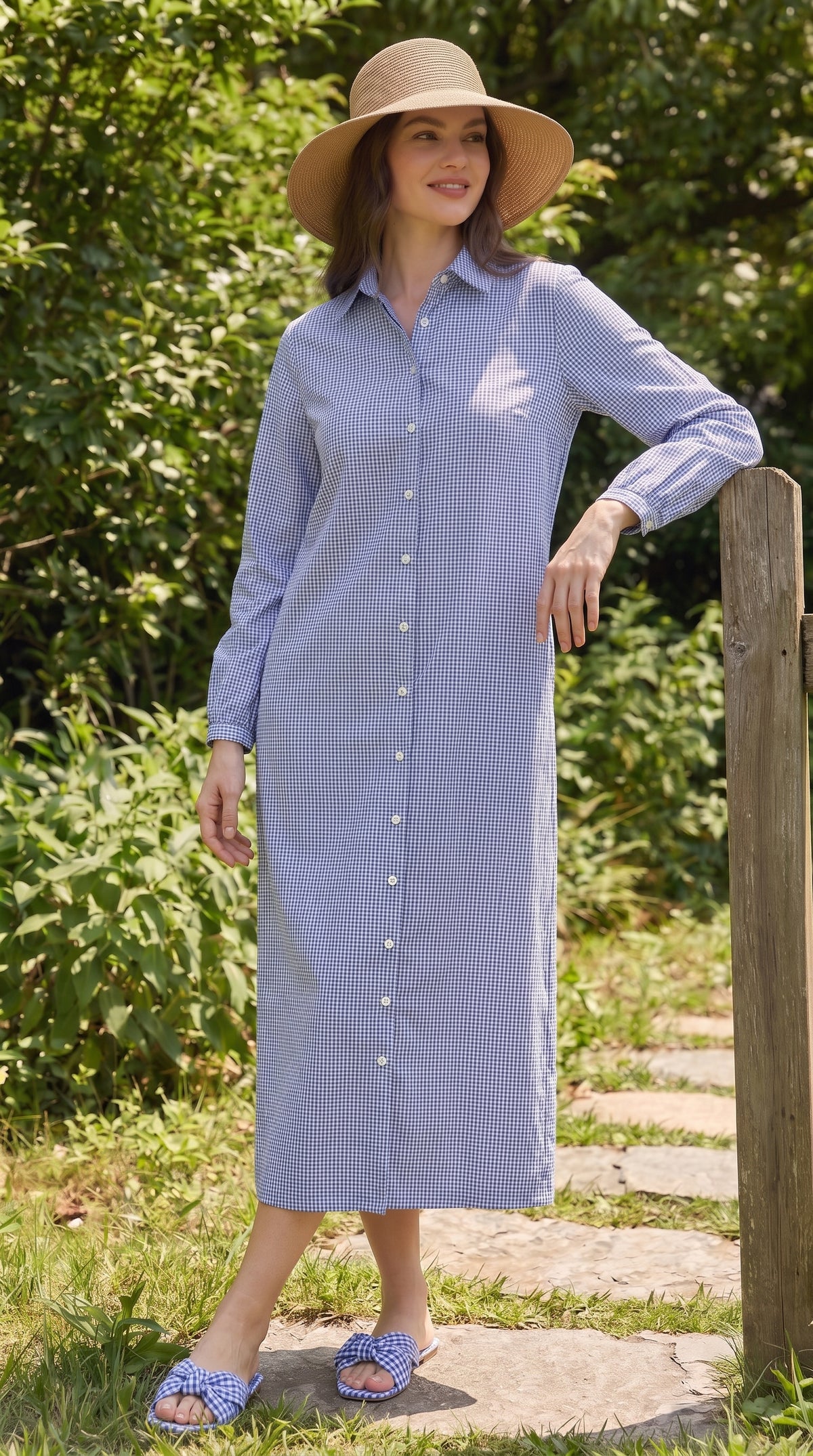 Gingham Check Cotton Button-Down Shirt Dress