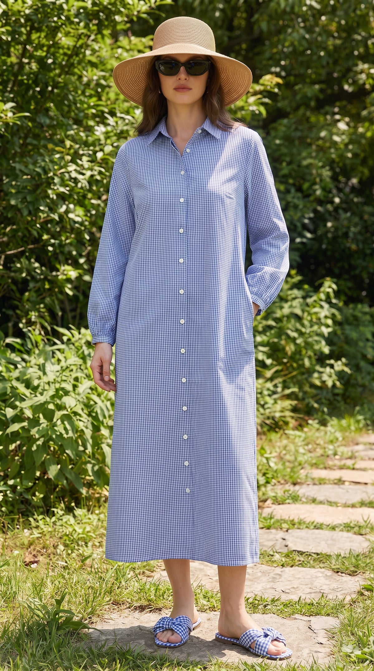 Gingham Check Cotton Button-Down Shirt Dress