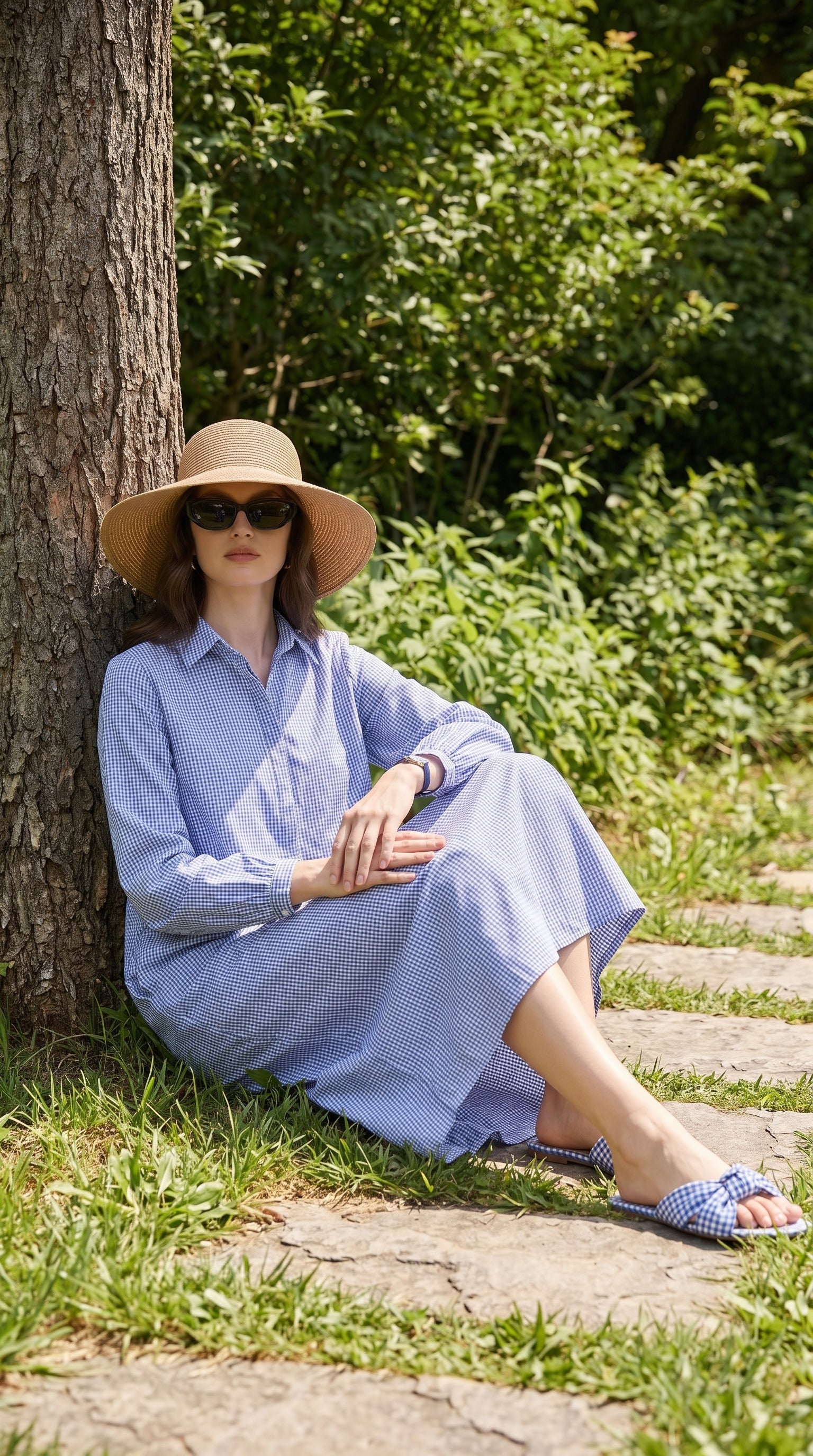 Gingham Check Cotton Button-Down Shirt Dress